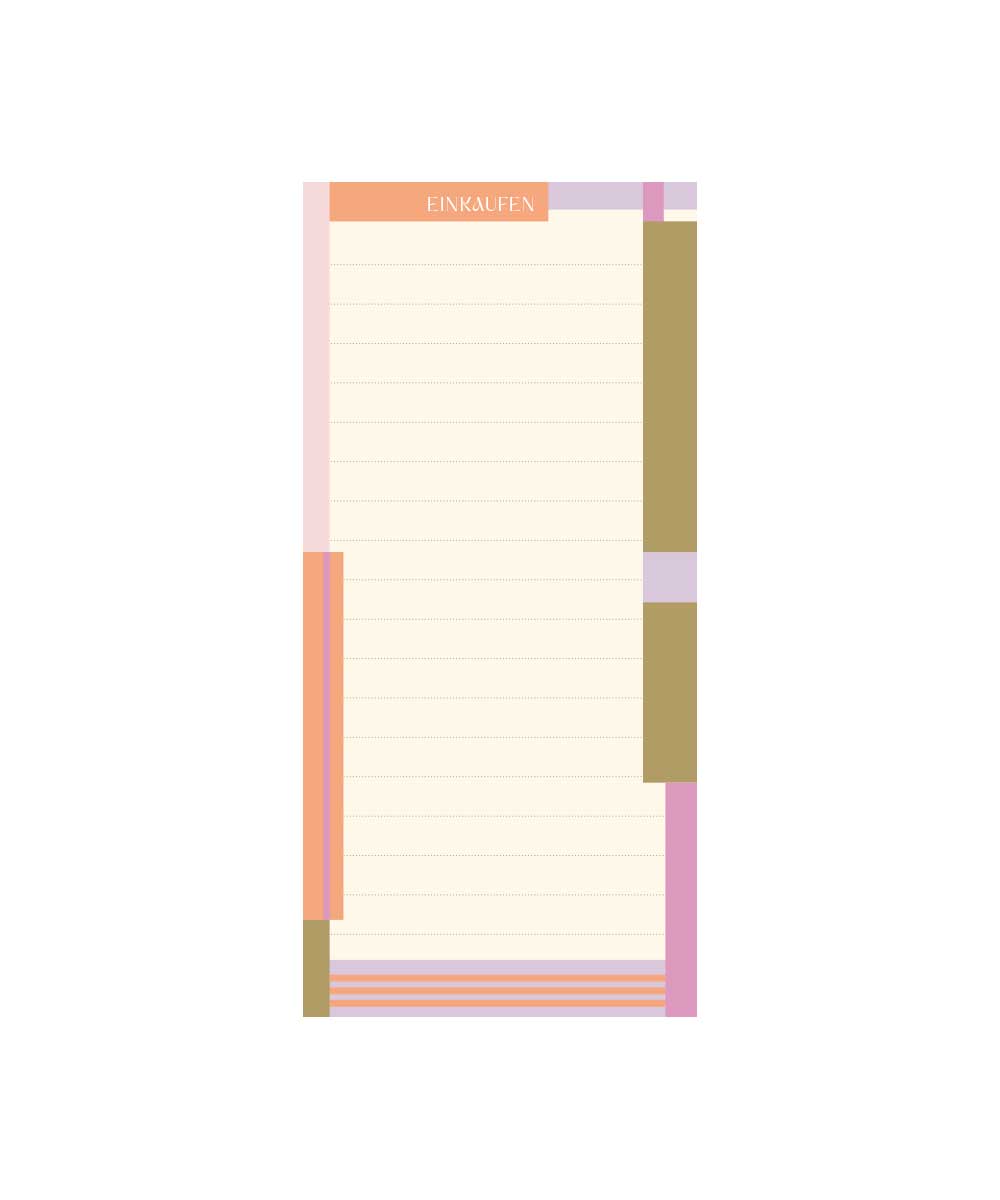 DIN lang Block im Blockstreifen Design. Text oben: Einkaufen
Farbe: orange, grün, lila
