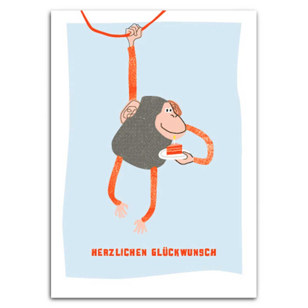 Postkarte "Herzlichen Glückwunsch, Äffchen" mit Neondruck