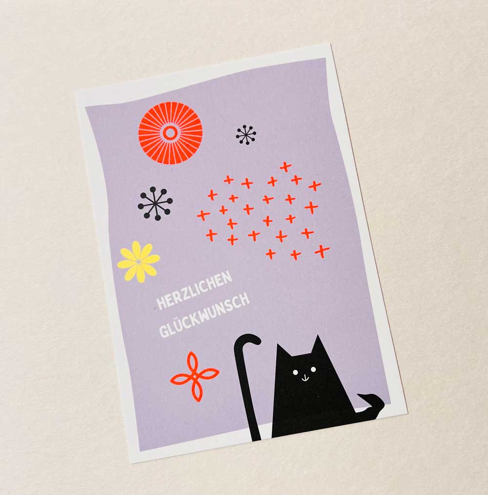 Katze - Herzlichen Glückwunsch - Postkarte mit Neondruck
