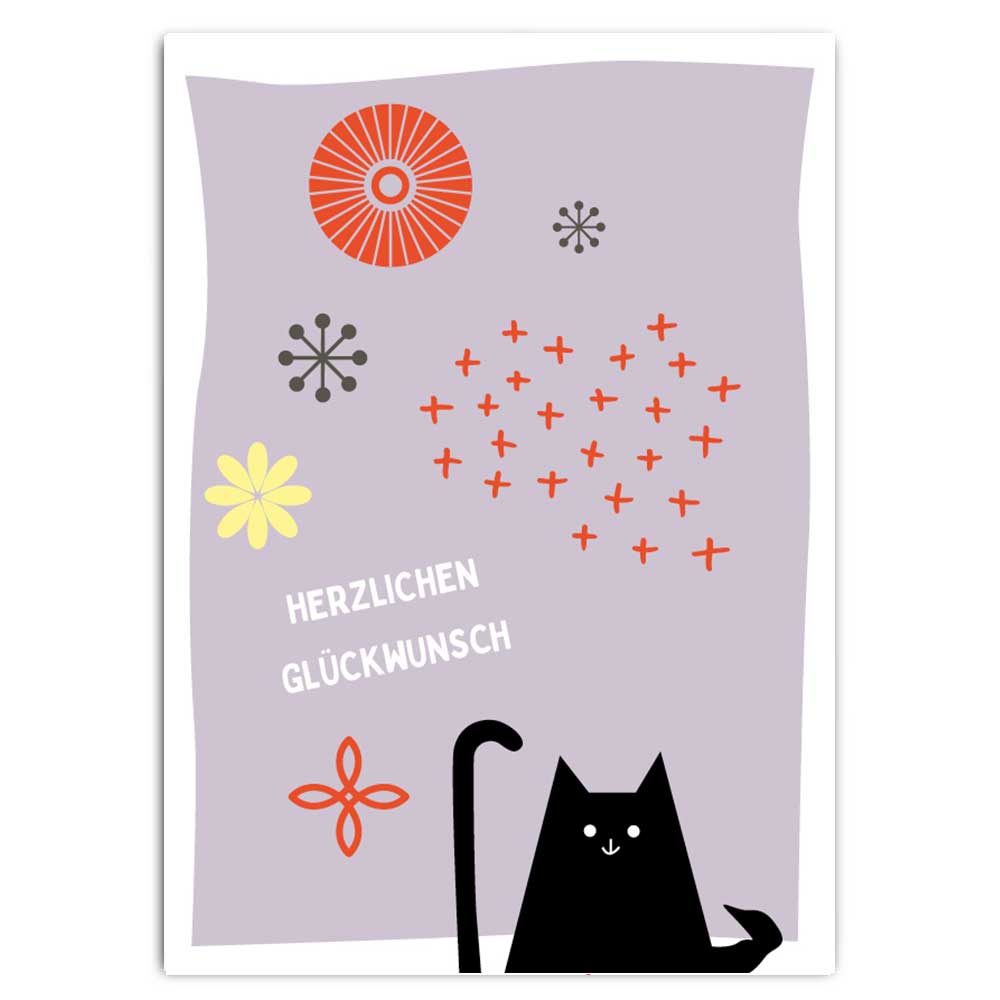 Katze - Herzlichen Glückwunsch - Postkarte mit Neondruck