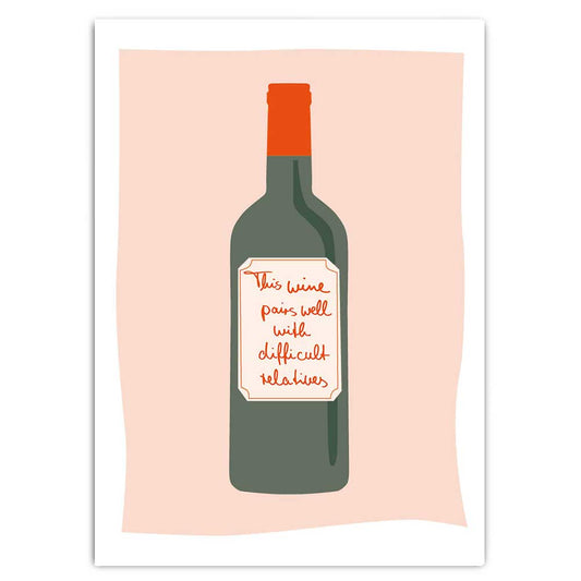 Postkarte mit Illustration einer Weinflasche und Text: this wine pairs well with difficult relatives