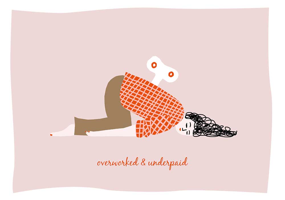 Postkarte mit Neondruck Overworked & underpaid