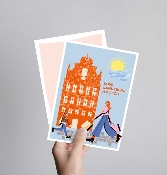 Landsberg Postkarte mit Neondruck Historisches Rathaus