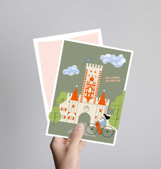 Landsberg Postkarte mit Neondruck // Bayertor