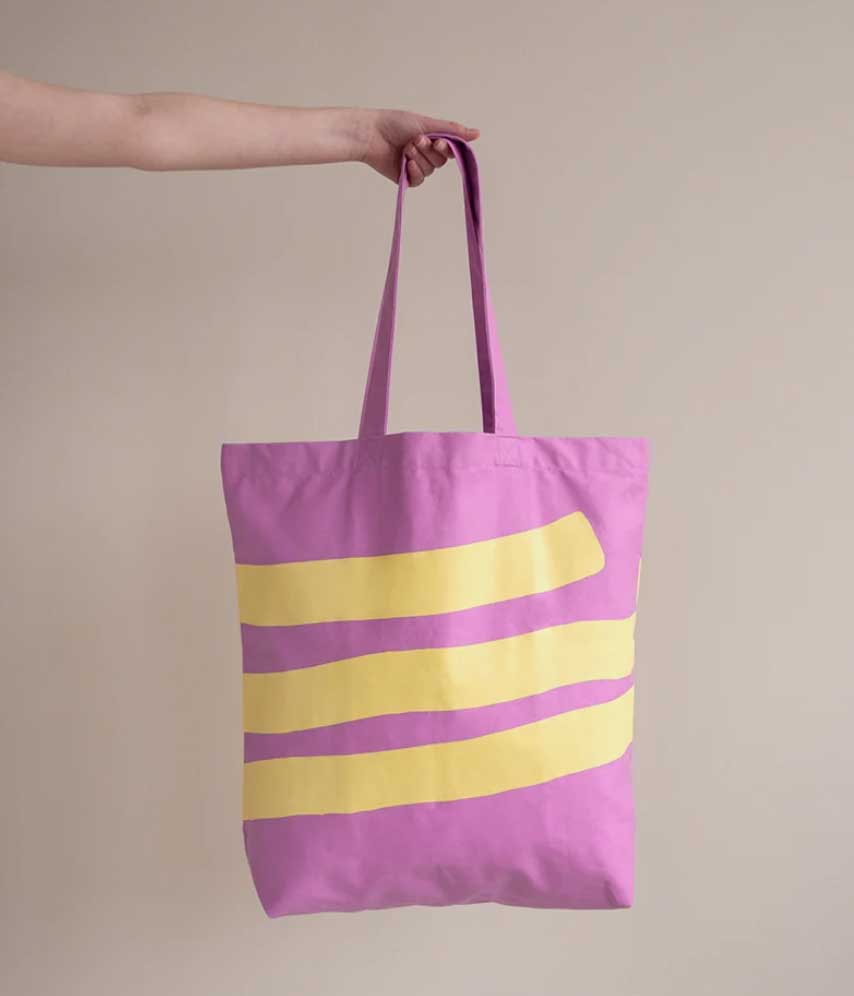 Baumwolltasche Rosa mit schrägen Streifen in hellgelb